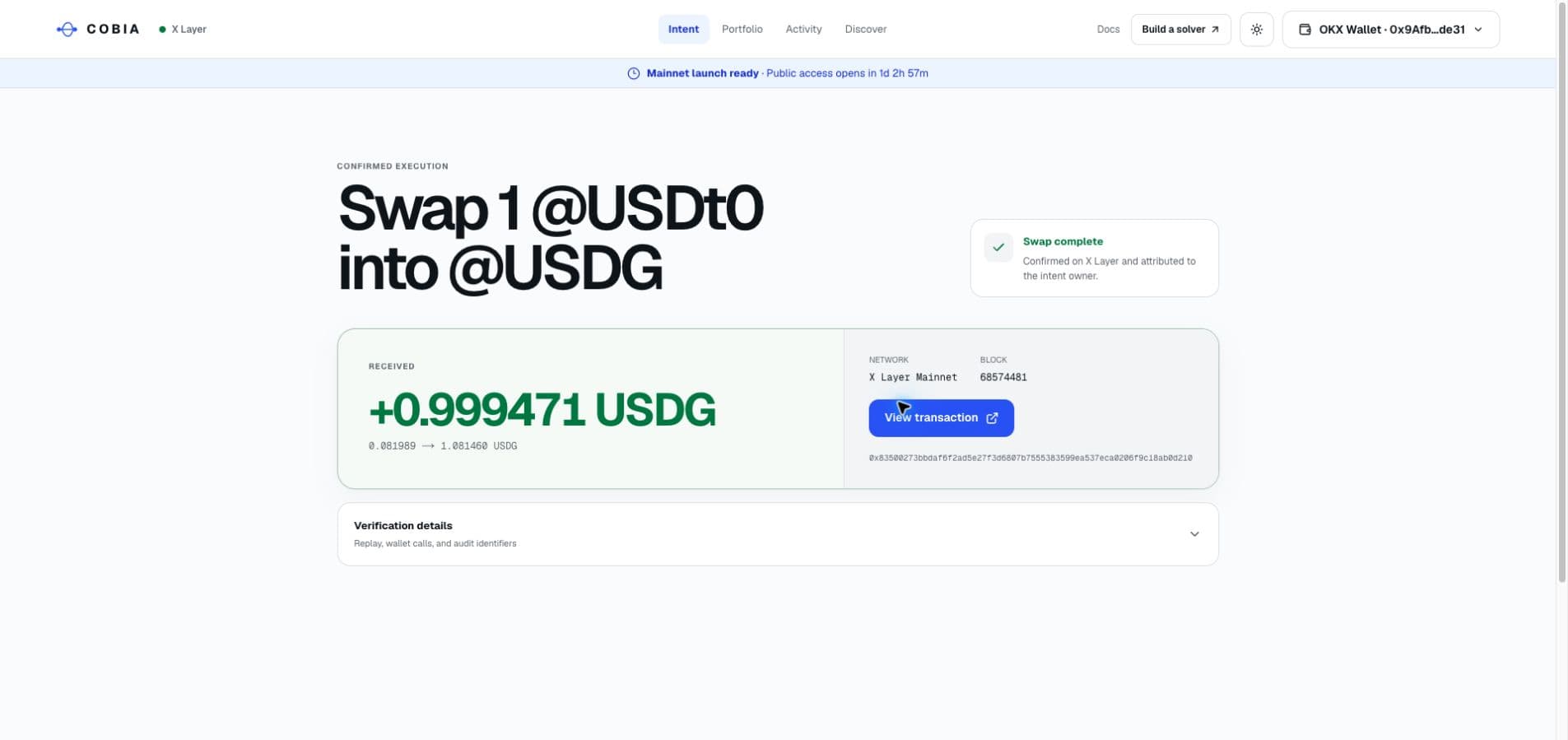 Cobia mainnet outcome